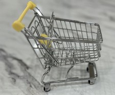 1/6 Miniature Shopping Cart Silver Yellow Doll Size Mini Metal Grocery Trolley