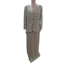 R M Richards Women 18 Champagne Sequin Lace Maxi Dress and Jacket Set Evening