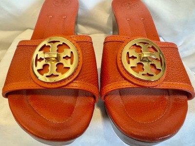 Tory Burch Orange Leather Slide Sandals Heels Women's Size 8M Gold