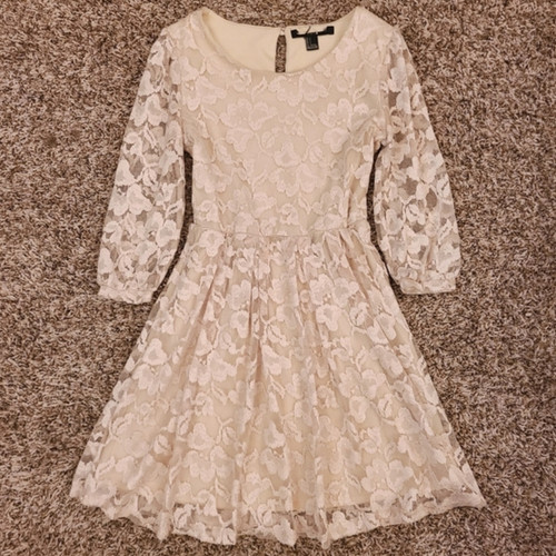 Zara Ivory Floral Lace Fit & Flare Short Dress 3/4 Sleeve Lined Size S