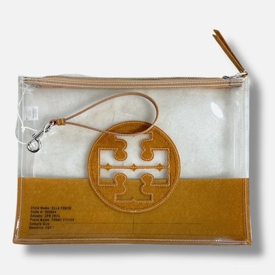 Tory Burch Women's Brown Clear Front Logo Ella Wristlet Pouch Bag