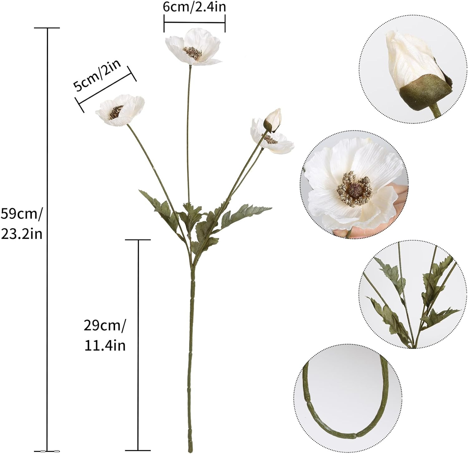 IPOPU White Artificial Poppy Flowers 6pcs Poppies 