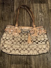 Coach Signature Logo Satchel Beige/Brown Zip Tassel Charm Braided Trim
