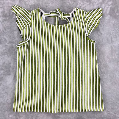 Lime Green Black White Striped Flutter Sleeve Tie Back Textured Knit Top Women