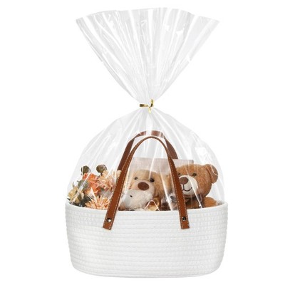Empty Woven Gift Basket with PU Leather Handle and Bag Cotton Rope Basket Org...