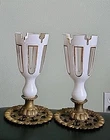 Pair Vtg White Milk Glass Castle Style Taper Candle Holders Ornate Brass Base