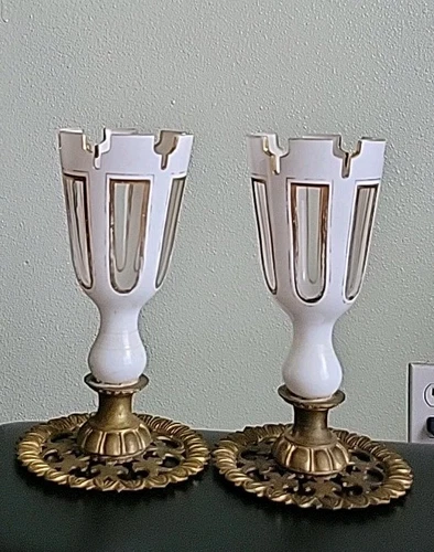 Pair Vtg White Milk Glass Castle Style Taper Candle Holders Ornate Brass Base