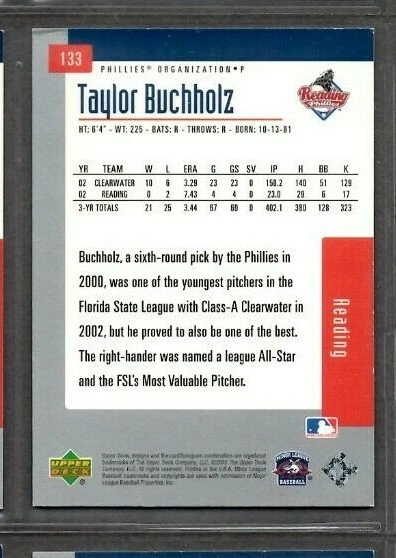 2002 Upper Deck #133 Taylor Buchholz Reading Phillies signed autograph (E44) - Image 2 of 2