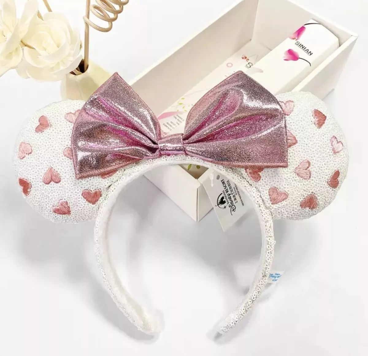 Disney Minnie Mickey Ears Love White Pink Hearts Valentine's Day Headband