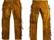 Genuine 100 Leather Brown Lambskin Pant Motorcycle Fringes Men Soft Suede Party