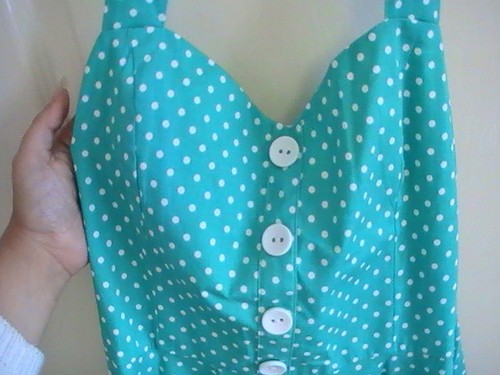 SPOTTY DRESS GREEN ROCKERBILLY HALTERNECK COTTON BUTTONS - Picture 8 of 10
