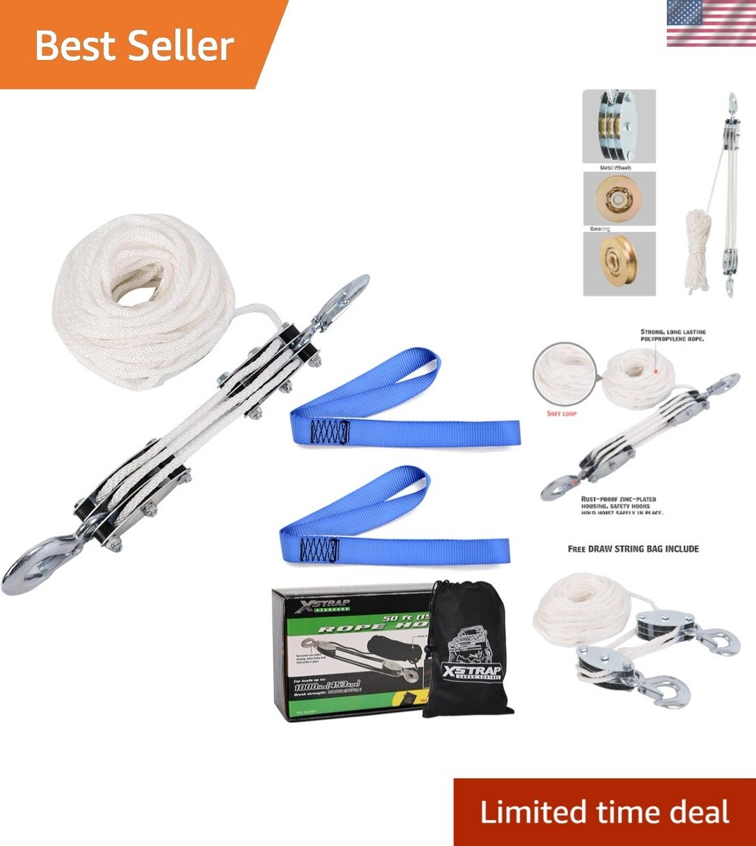 Versatile Block Tackle Pulley System with 1000 LB Load Capacity