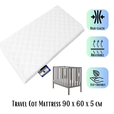 Baby Travel Cot Foam Mattress Quilted Breathable Anti-Allergenic Cover 90 x 60