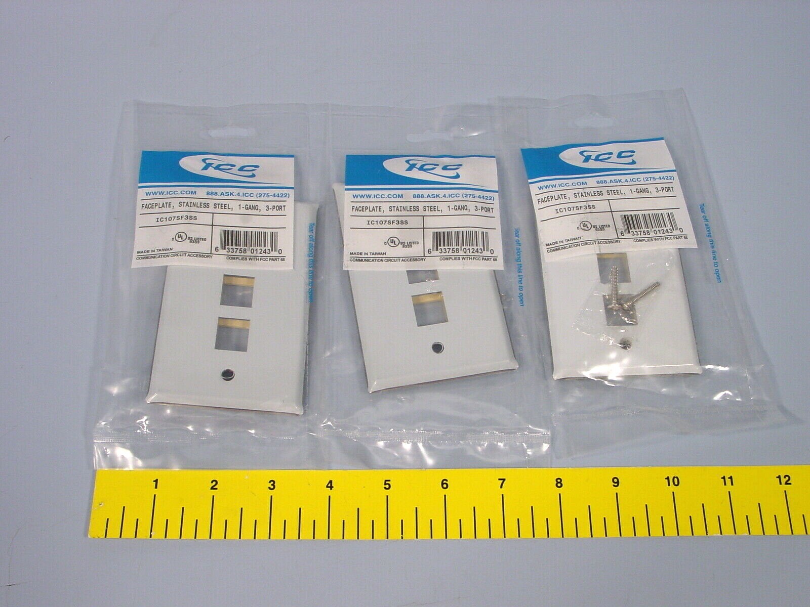 *Lot of 3 ICC IC107SF3SS 1-Gang 3-Port Stainless Steel Wall Plate