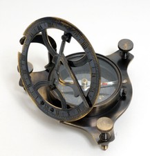 Folding Sundial Brass Compass 3.25" Antiqued w/ Wooden Case Nautical Decor