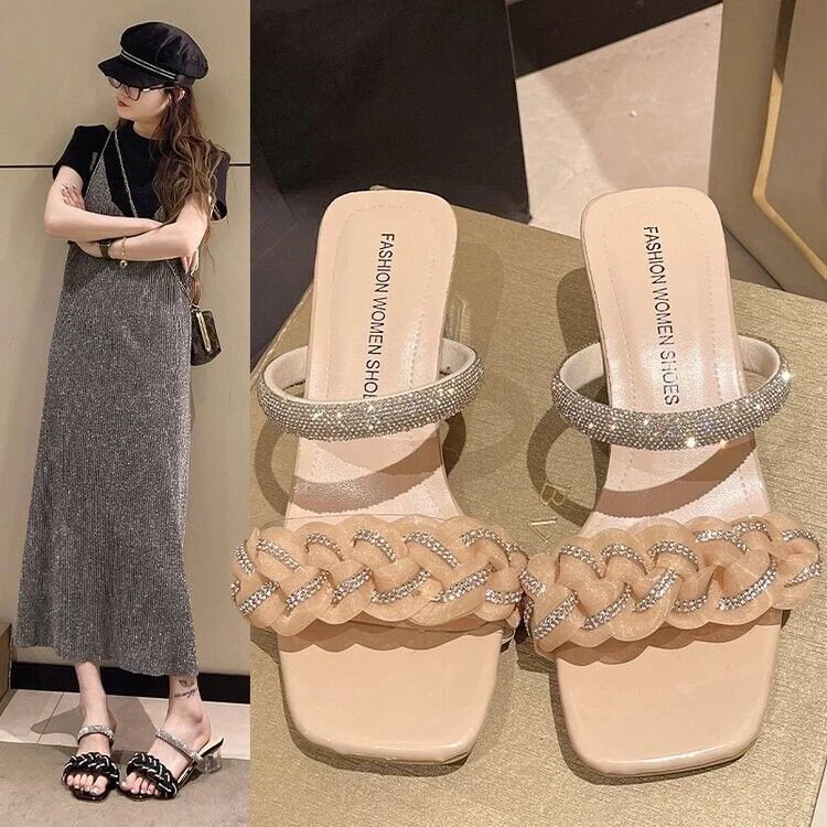 Summer Weave Women Rhinestone Slip On Slippers Square Toe Casual Block Heel Shoe - Image 4 of 4