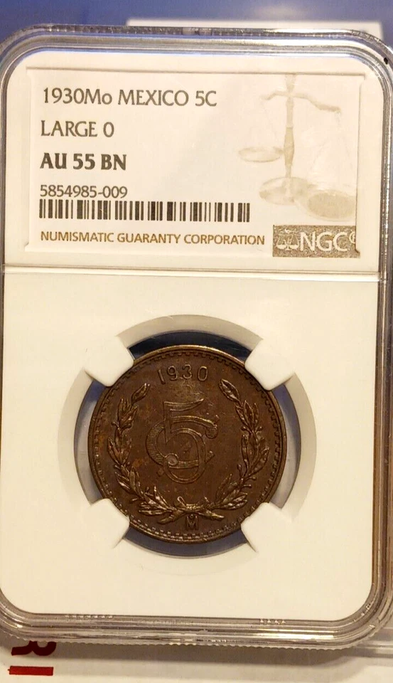 Mexico 5 Centavos 1930 Mo NGC AU 55 BN LARGE O Bronze KM#422 - Image 2 of 4
