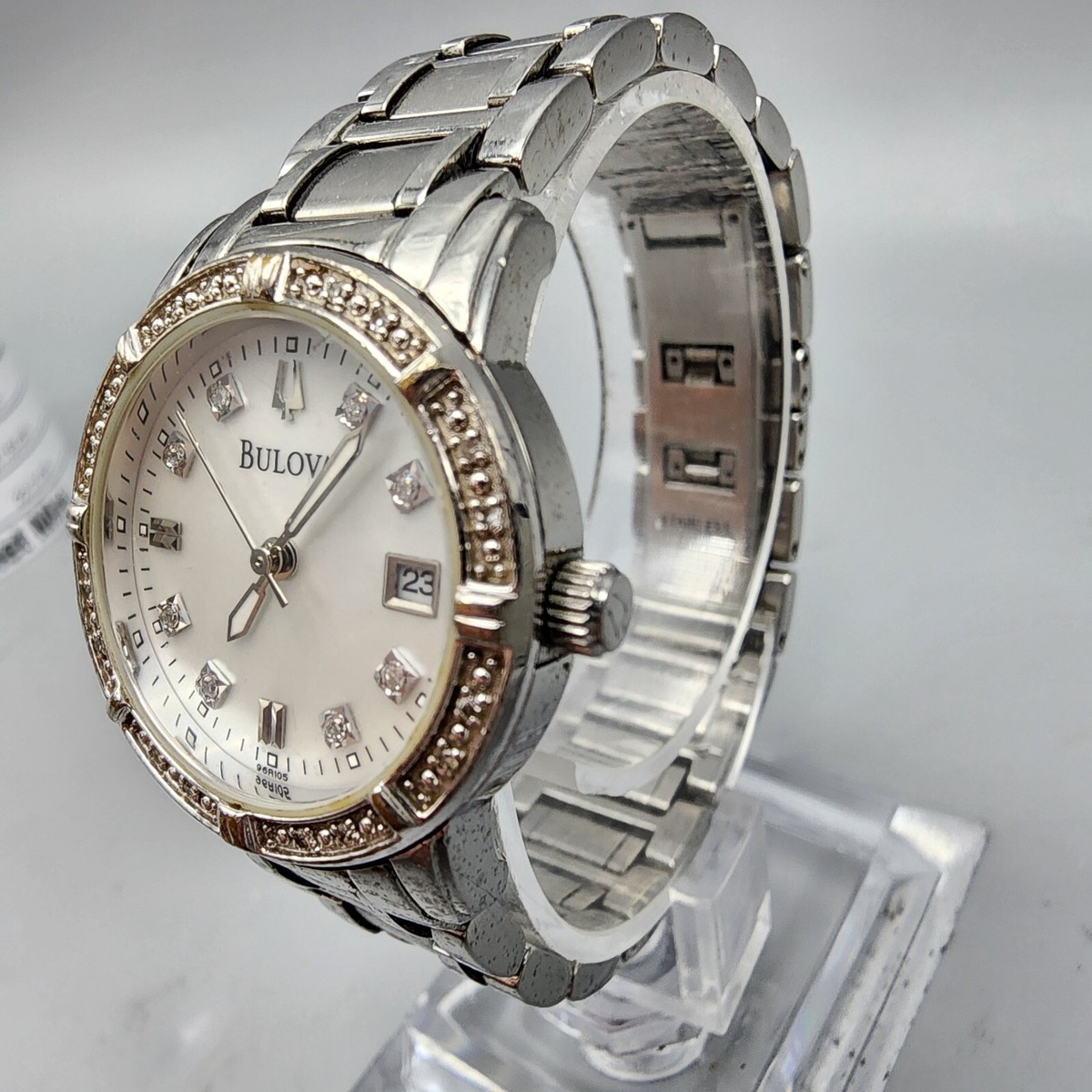 Bulova Watch Women SIlver Tone MOP Dial DateDiamond Round 26mm 