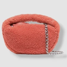 $476 By Far Women's Pink Shearling Purse Baby Cush Chain Shoulder Top Handle Bag
