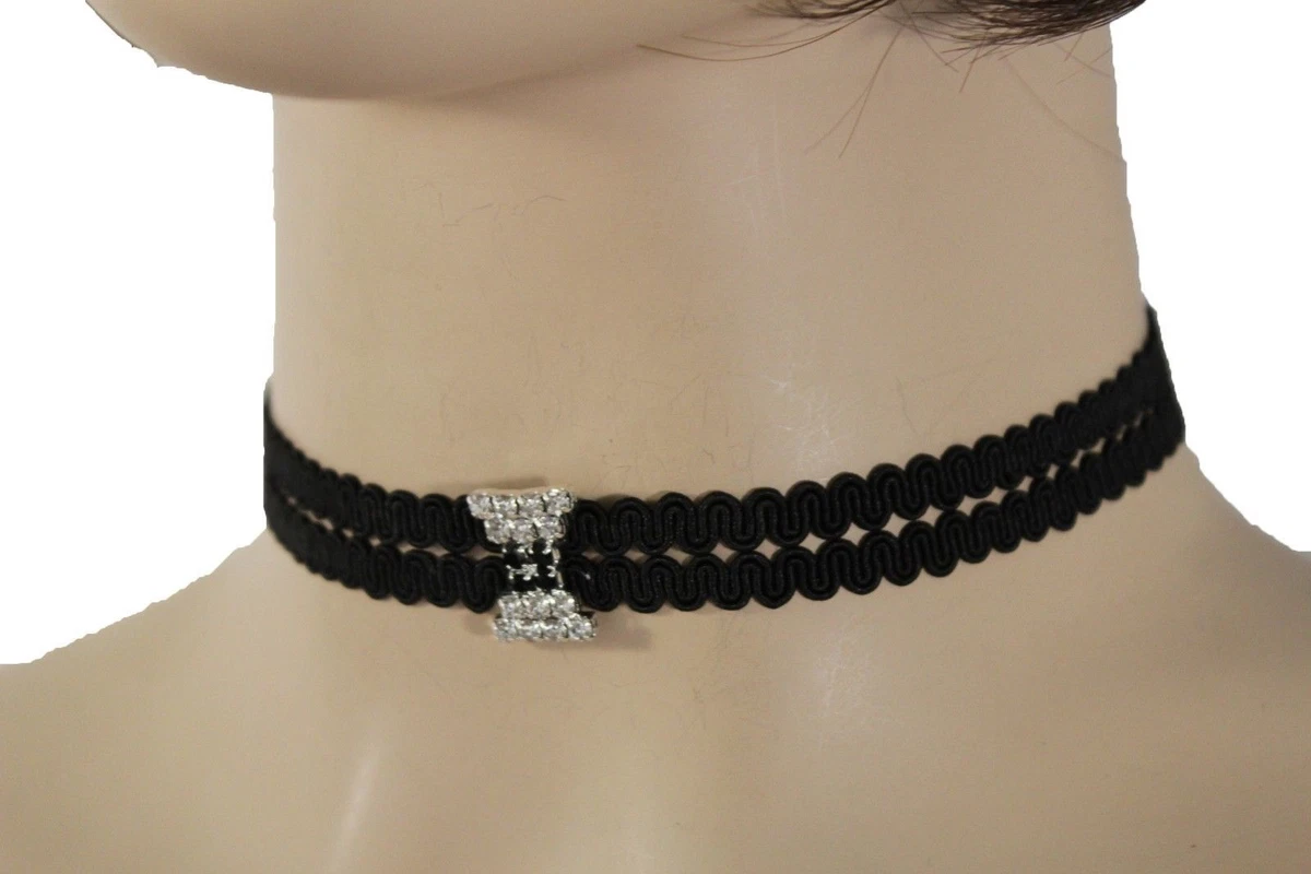 Hot Women Silver Bling Fancy Fashion Black Fabric Dressy Choker