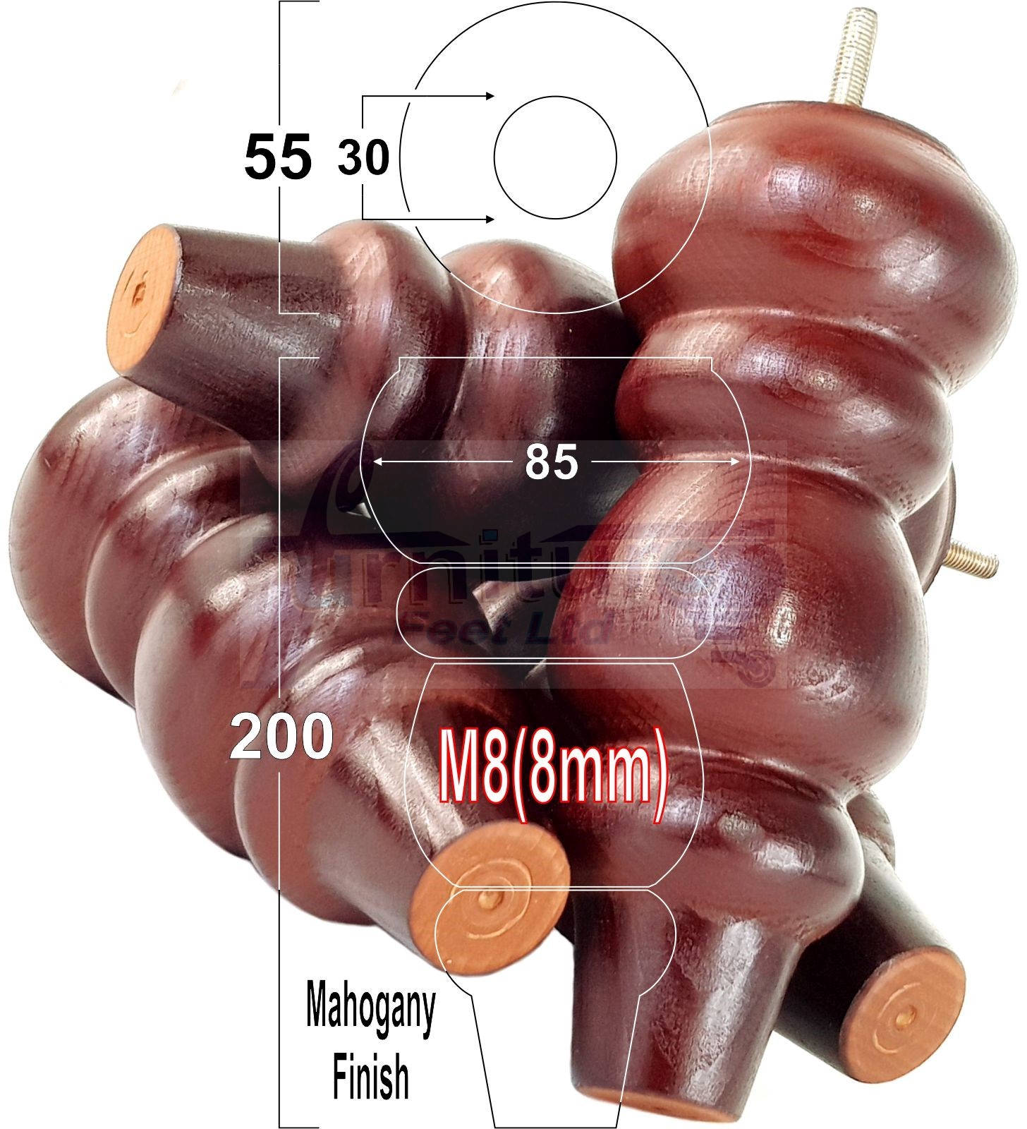 4 Wooden Furniture Legs Replacement Feet 200mm High M8 Thread: Mahogany