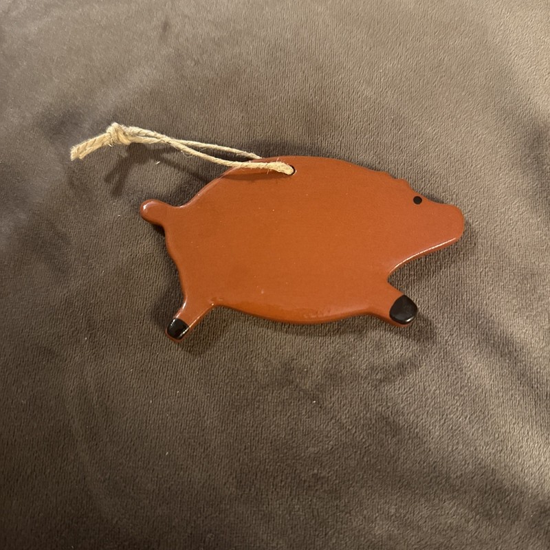 Small Brown Ceramic Pig Ornament with Makers Mark And “2005” On The Back