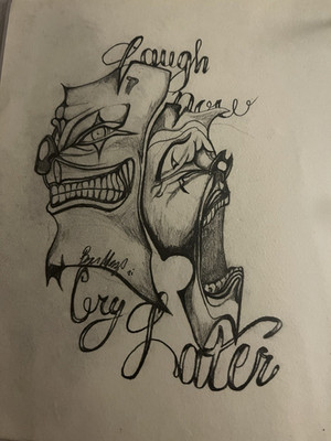 Laugh Now Cry Later Clown Faces Tattoo Pencil Drawing Small Unframed