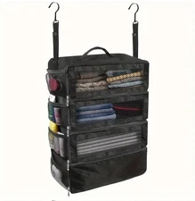 Hanging Luggage Organizer Mesh Travel School Dorm Large Black Foldable Shelves