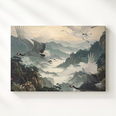 Wall Art Soaring White Cranes Canvas East Asian Watercolor Mountain Flight Art