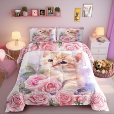 Kawaii Cat Twin Size Comforter Set for All Seasons,Kids Cute Animal Kitten Pe...