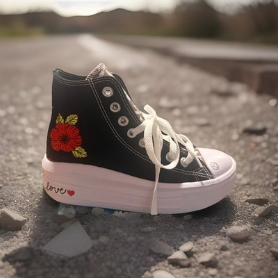 Size 5.5- Converse Chuck Taylor All Star Move High Black And Grey Prints