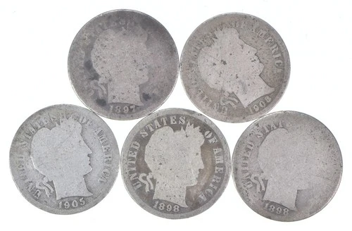 Better Lot 5 1897 1908-D 1905-S 1898 1898 Barber Dime 0.50 Face *256