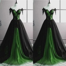 Gothic Black Green Wedding Dresses Strapless Lace Appliques A-Line Bridal Gowns