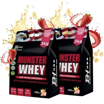 2x Monster Whey Protein 3KG – Muskelaufbau Banane Erdbeere – Black Hammer USA