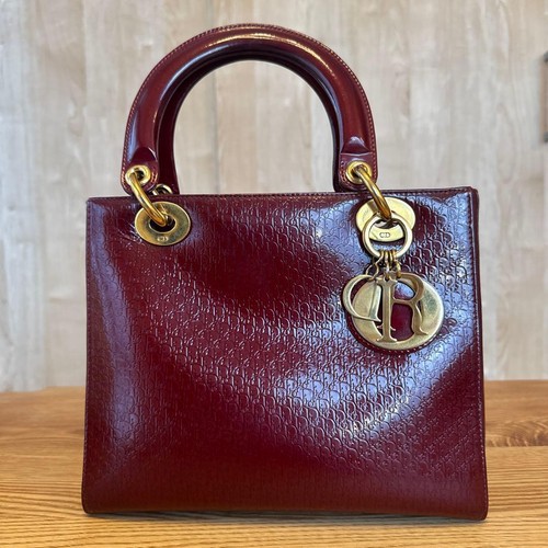 Christian Dior Lady Dior Enameled Embossed Leather Burgundy Tote Gold from Japan