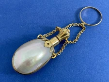PRETTY ANTIQUE GEORGIAN GILT METAL MOTHER OF PEARL CHATELAINE SCENT BOTTLE