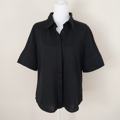 Liz Claiborne Black Button-down Collared Blouse Short Cuffed Elbow Sleeve Large