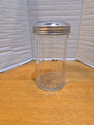 Vintage Sugar Pourer Dispenser Glass Jar Chrome Lid Coffee Breakfast Restaurant 