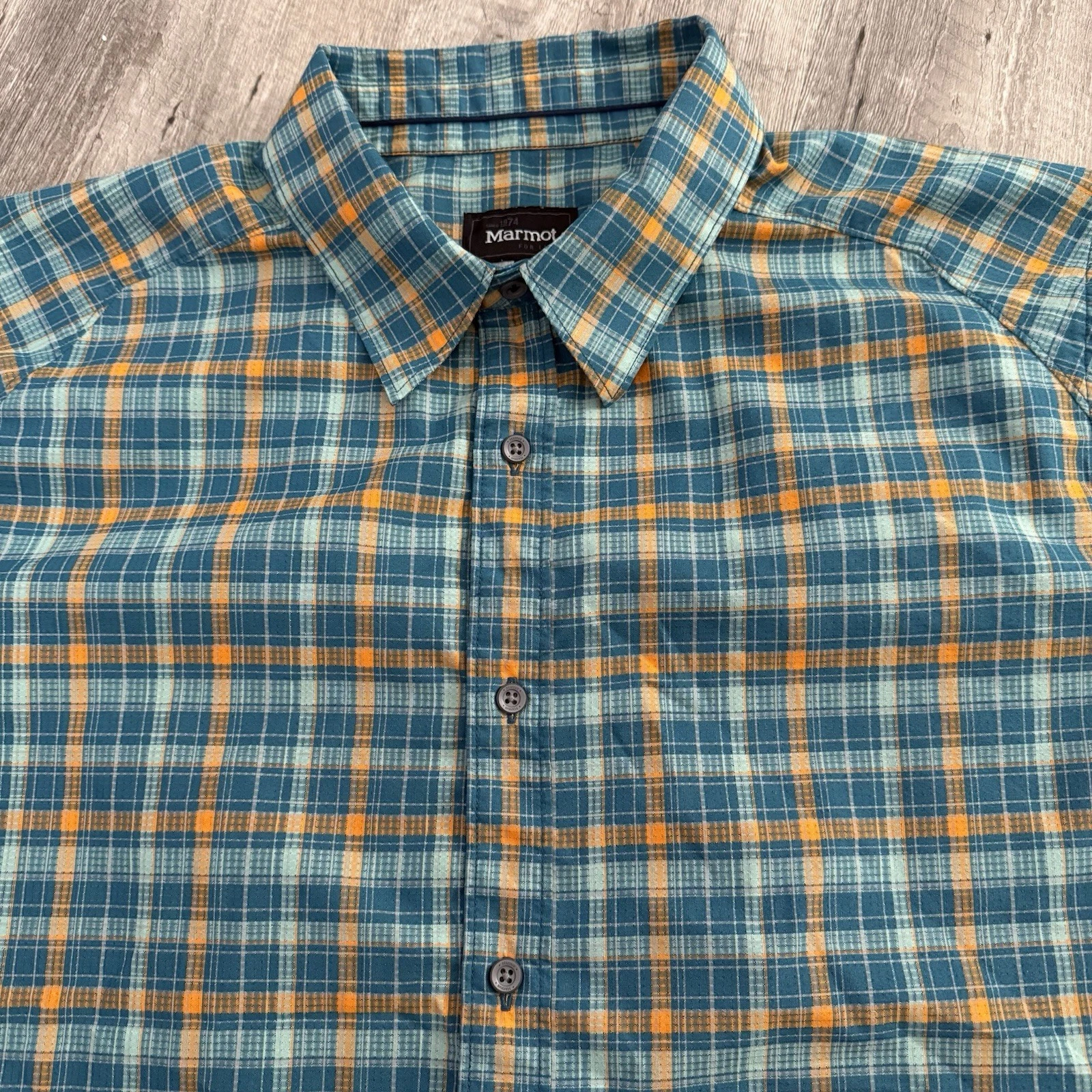 Marmot Shirt Mens XL Teal Blue Orange Green Short Sleeve Plaid Hiking Outdoors