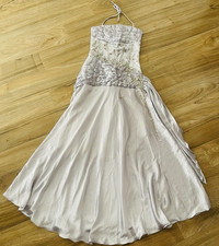 Silver Satin Strapless Formal Gown Full-Length Beaded Sequin Lace Applique