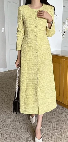 Women Tweed Dress Long Sleeve Single Breast Elegant Long Tweed Lady Blazer Dress - Picture 8 of 28