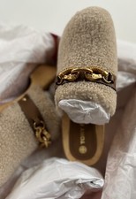 NIB Tory Burch Jessa Cream Shearling Gold Horse Head Buckle Wood Clogs Sz 6.5