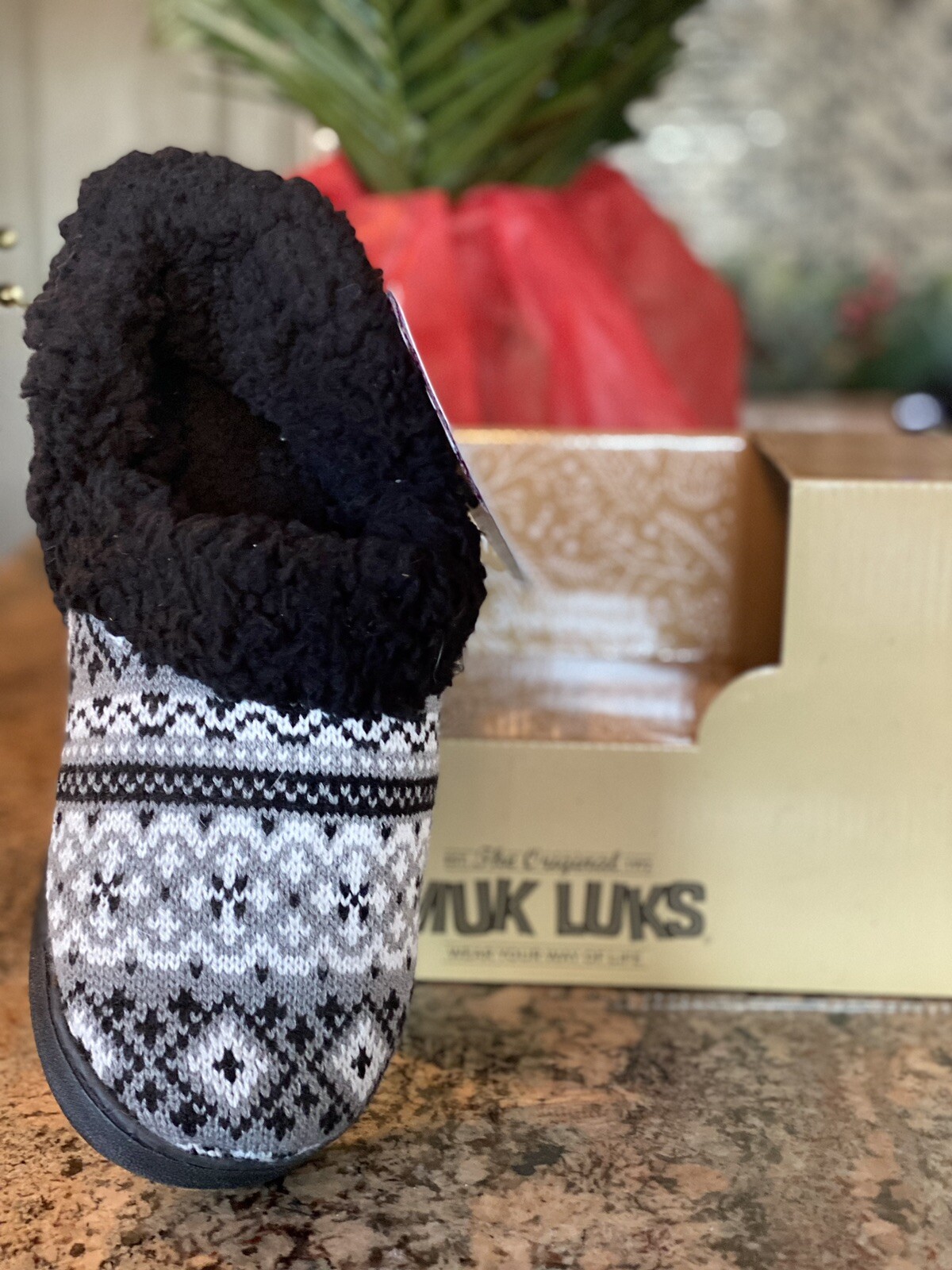 SAOLA Pantofole Muk Luks Leanna TAGLIA L (9 10) fodera pelliccia sintetica suola rigida nero grigio nuove con scatola