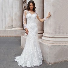 Long Sleeve Mermaid Applique Wedding Dresses O Neck Sweep Train Bridal Gowns
