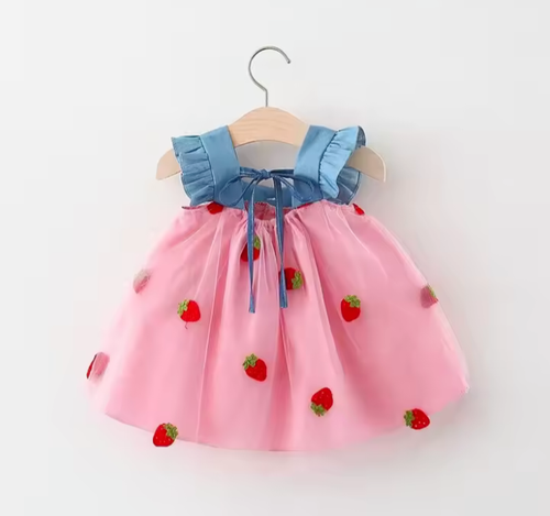 BEBÉ NIÑA FRESA EMPALMADA DENIM Y MALLA BORDADA MANGAS VOLADORAS - 6/9MO - Imagen 2 de 6