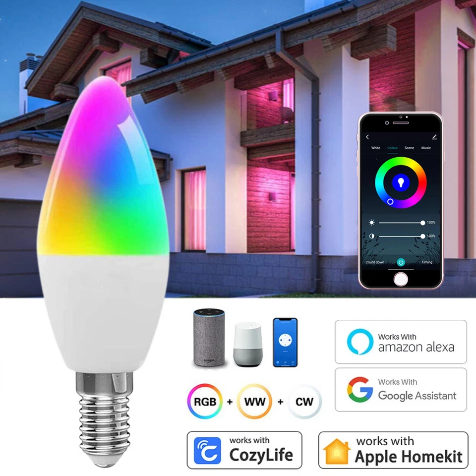 Smart Homekit LED Bulb E14 Candle 5W=75W WiFi RGBCW 2700K-6500K for Alexa Google - Image 3 of 4