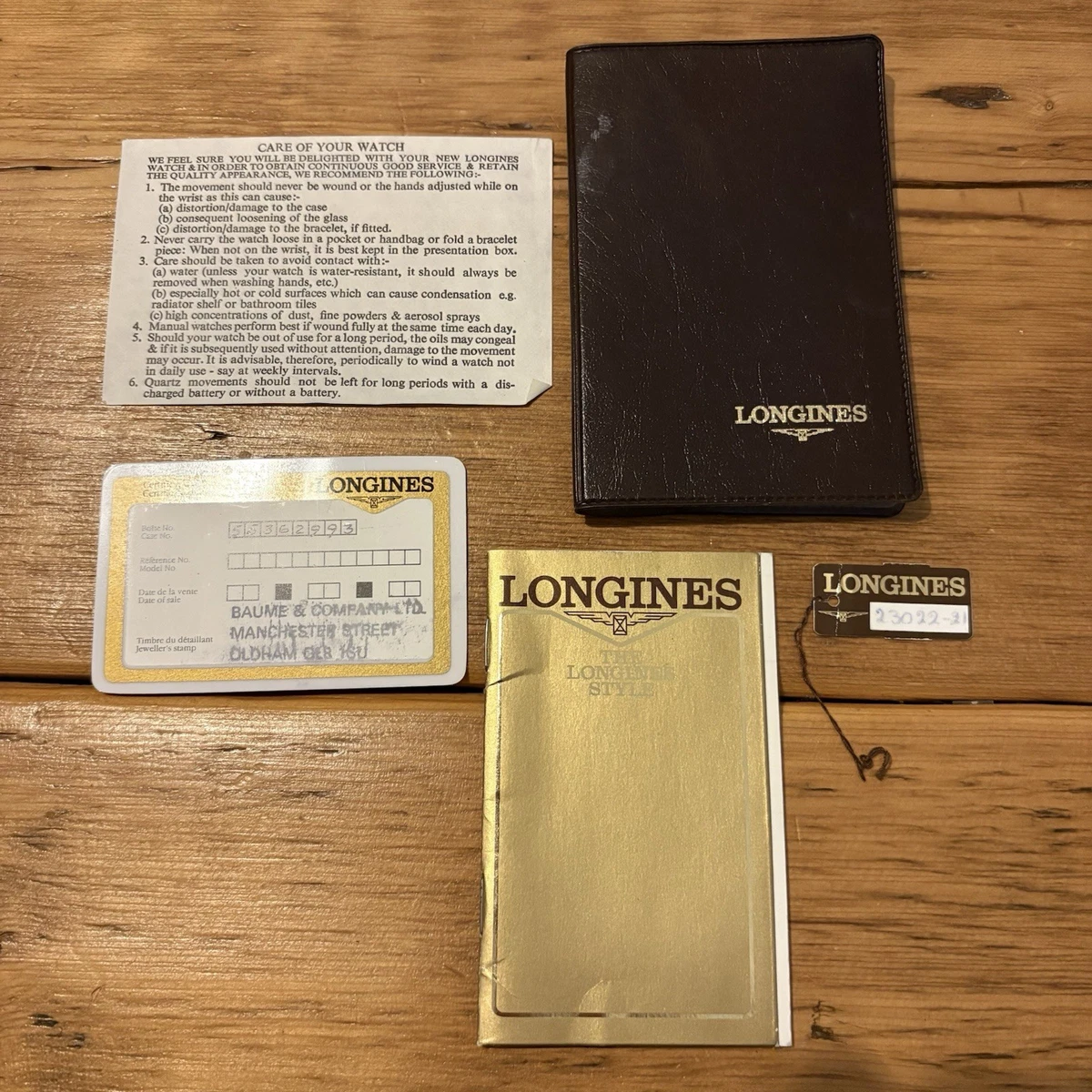 LONGINES Vintage Papeles Manual y Cartera Marrón y Dorado