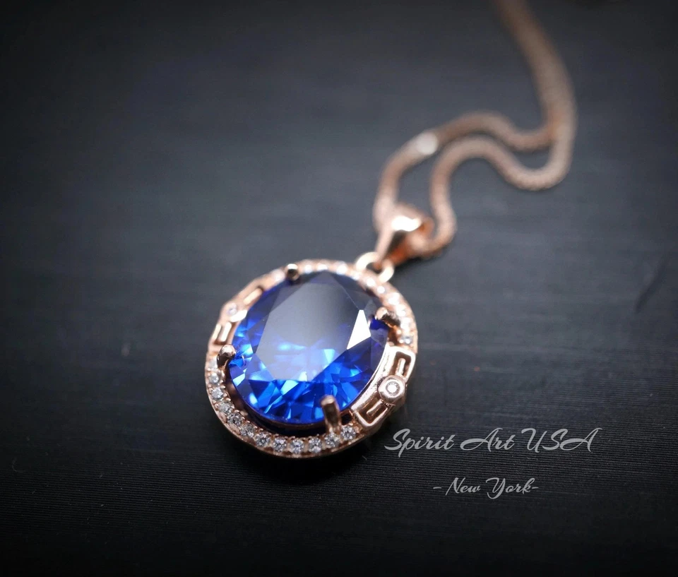 Collar oro rosa zafiro azul 4,5 quilates ovalado azul real piedras preciosas halo Foto 2 de 4