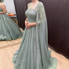 Elegant Evening Dress Square Neck Sleeveless Beading Sequine Prom Gown with Cape