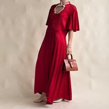 Frederick's of Hollywood Red Satin Rose Jacquard Maxi Dress - Lace Cutout